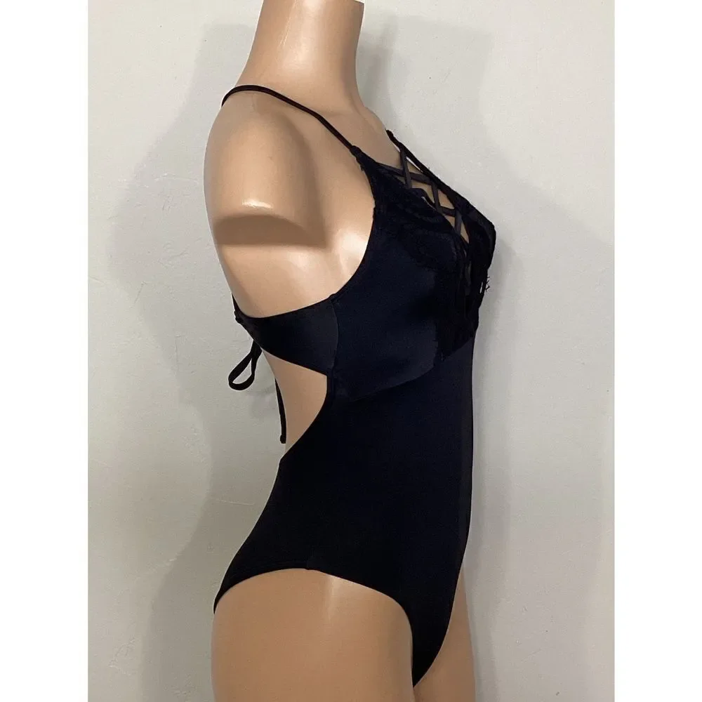 New. Pilyq LACE front with black lace trim swimsuit. Run small